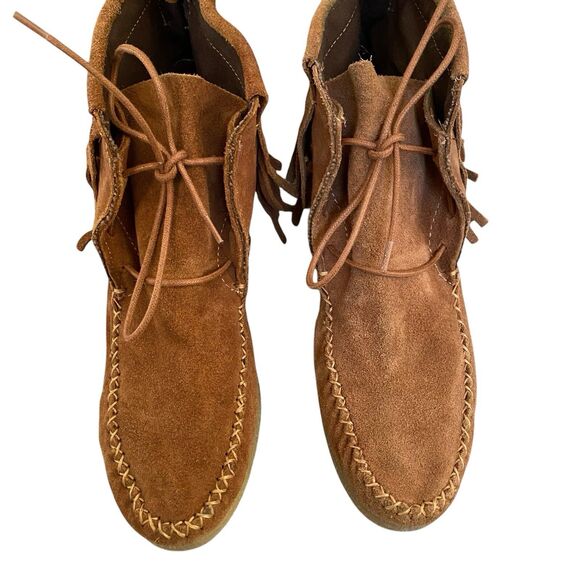 Zara Trafaluc Suede Booties 8 EU 38 Brown Fringed Moccasin Lace Up - Picture 3 of 9